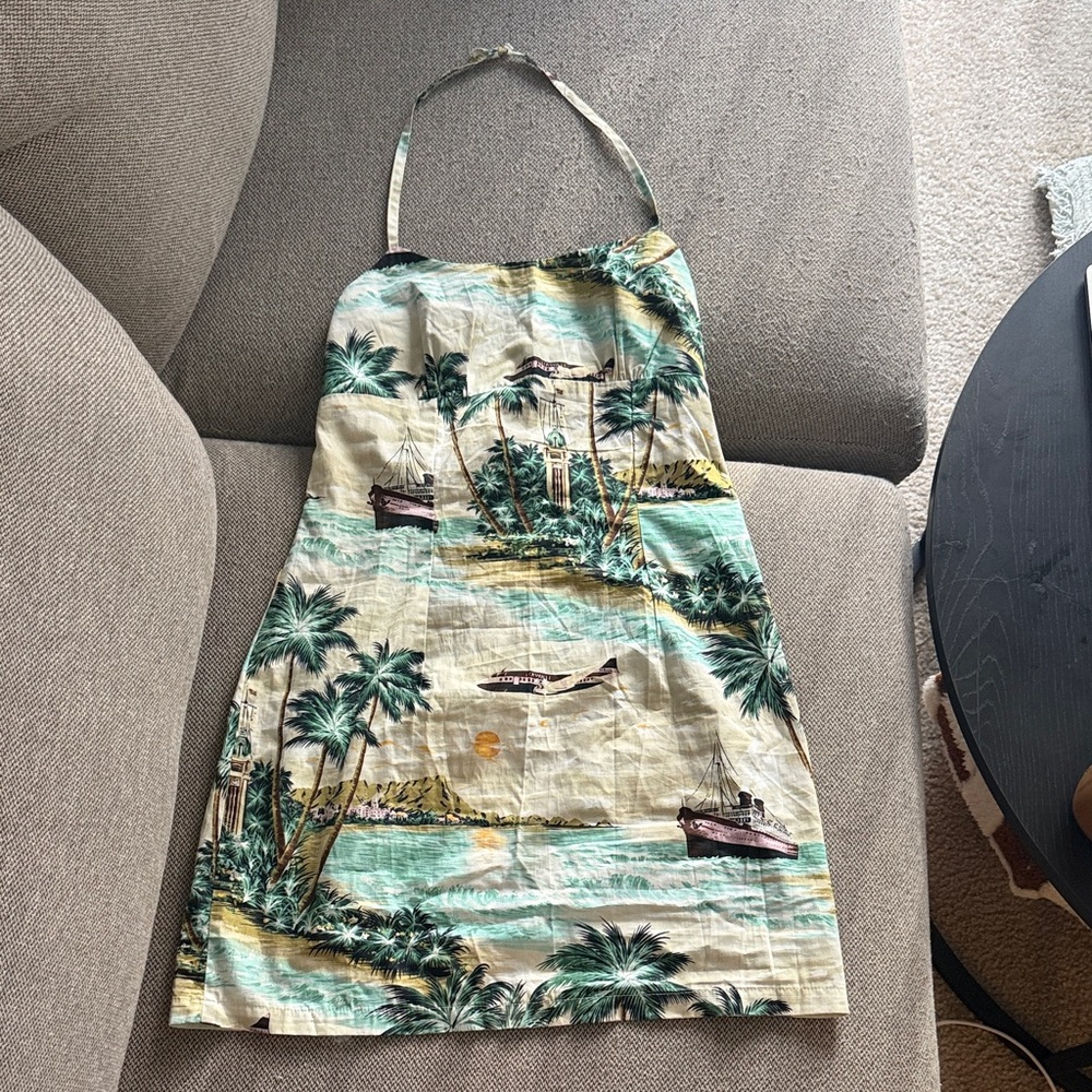 Tropical Halter Mini Dress in Teal and Cream